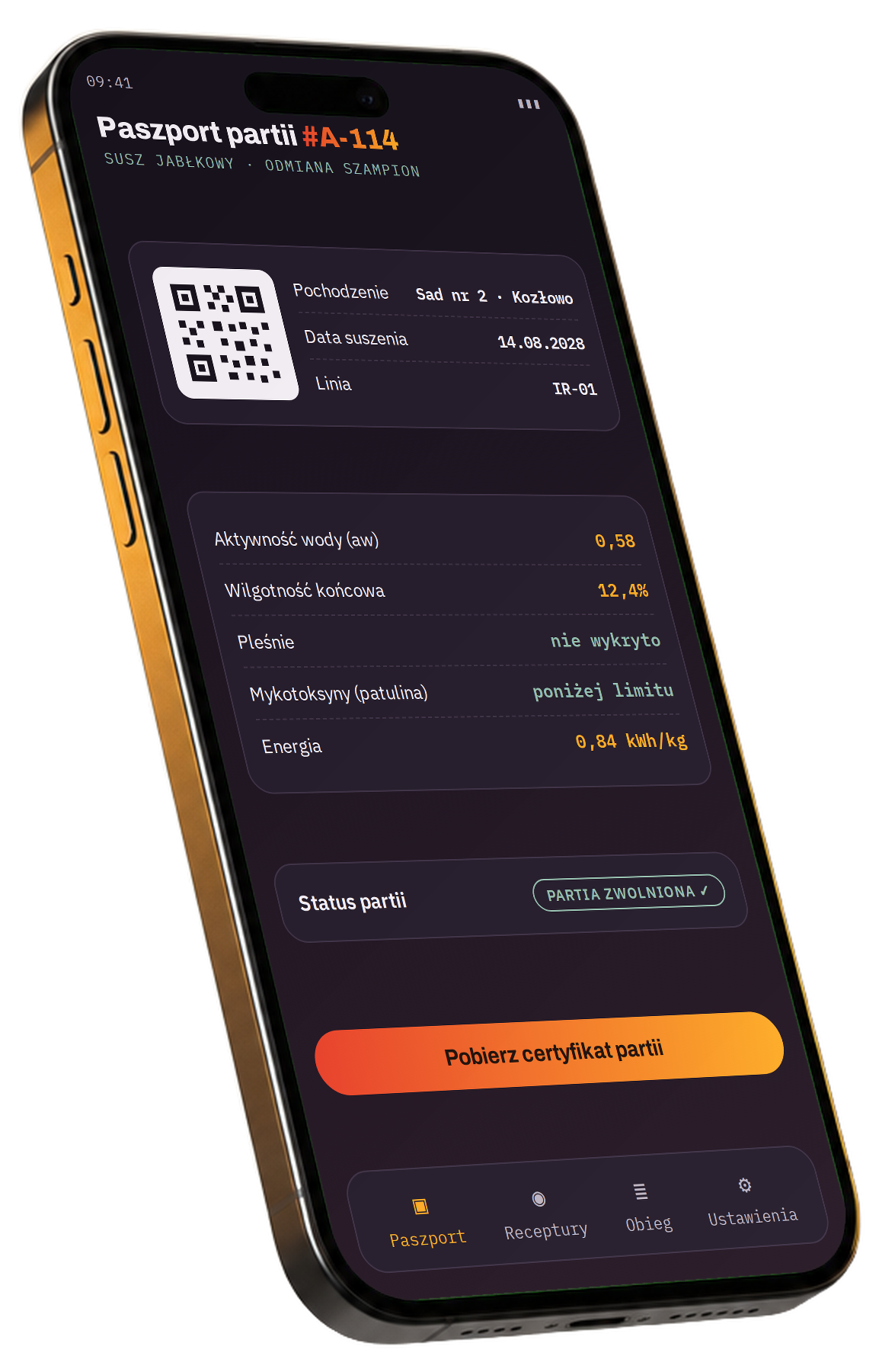 Telefon z paszportem partii suszu owocowego — kod QR i wyniki jakości