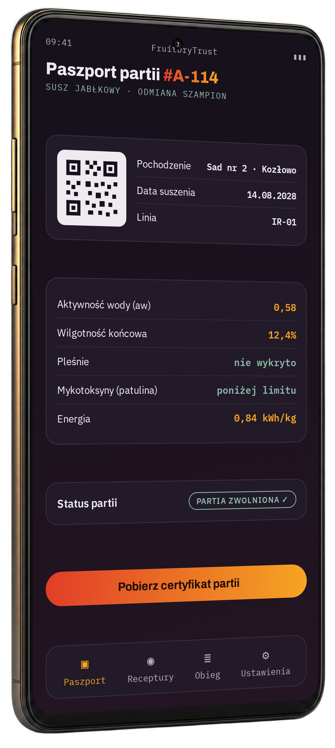 Telefon — ekran paszportu partii z kodem QR i wynikami jakości