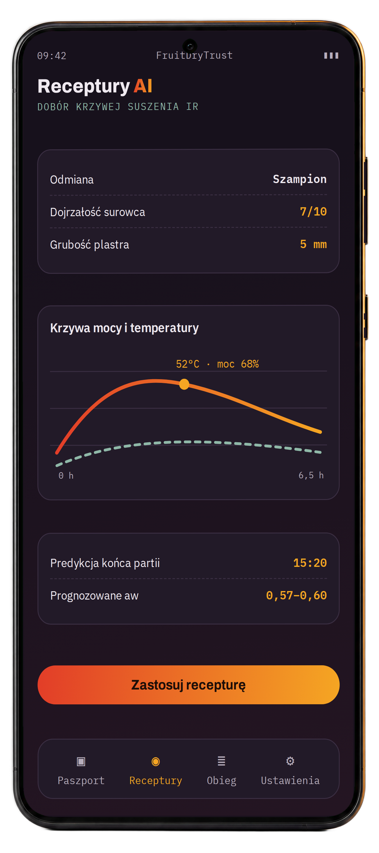 Telefon — ekran receptur suszenia AI z krzywą mocy i temperatury