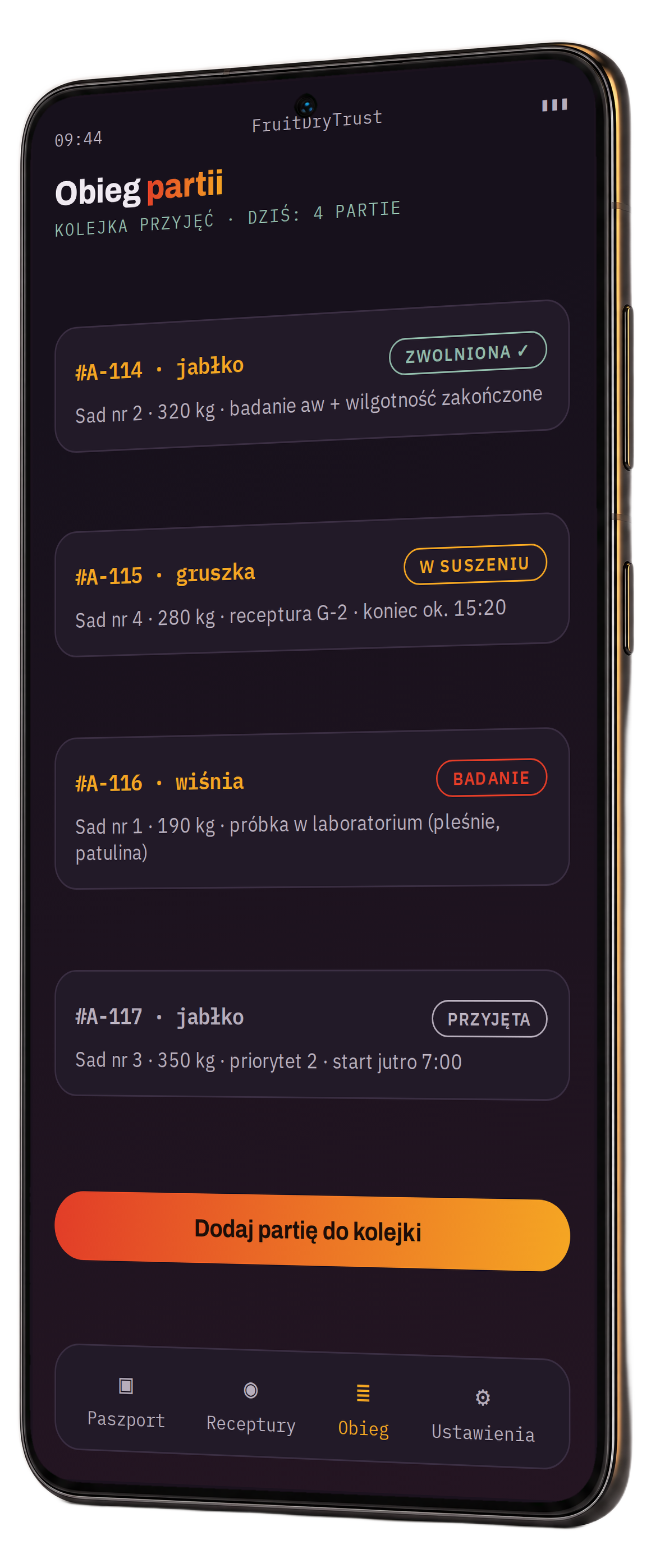 Telefon — ekran cyfrowego obiegu partii z kolejką przyjęć
